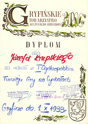 Dyplom cymbalisty Józefa Krupskiego